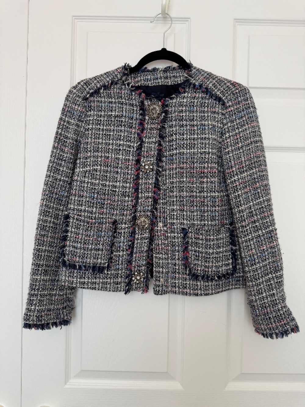 Zara Tweed Fringe Jacket with Jewel Buttons | Navy Multi Bouclé Blazer | S
